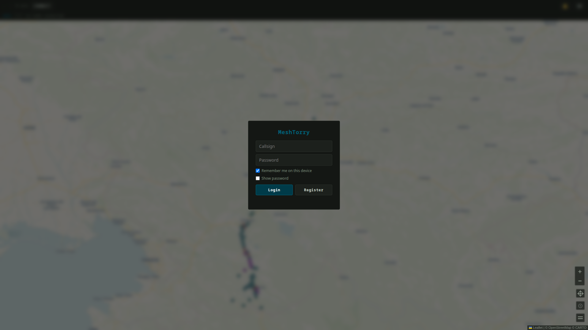 MeshTorry map view — hexagonal territory over a map of Slovenia